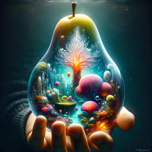 This unique image showcases an even more captivating micro-world inside a crystal pear, held in a human hand. The micro-world is exceptionally vibrant and intricately detailed, featuring an abundance of diverse ecosystems or fantastical landscapes within the transparent pear. The human hand holding the pear brings a sense of profound realism and scale, with every tiny and colorful detail of the micro-world being ultra-clear and extraordinarily realistic. The image is in super-high resolution, making each element within the crystal pear's micro-world strikingly vivid and breathtakingly beautiful.

Created using AI tools

toni angelchovski © 2024 aiflux