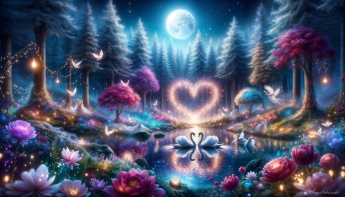 В нощта на Свети Валентин, зачарованата гора преобразява своята магия в оазис на любовта. Сред светлините на нежно светещите феи и под блестящото небе, два лебеда се събират в сърцевидна поляна, създавайки символ на безкрайната любов и партньорство. Тази картина на романтика е оживена от езерото с кристална вода, отразяваща лунната светлина и звездите, осветяващи пътя на влюбените. Празникът на Свети Валентин оживява във всяка етерично цъфтяща цветка и в игривото мерене на феите, които с лекота разпръскват чудеса и любовни заклинания. Тази вълшебна нощ е посвещение на любовта, която надминава времето и пространството, канейки всеки да сподели част от своето сърце.

Created with DALLE-3

Optimized with Fotor+Krita

Created using AI tools  

toni angelchovski © 2024 aiflux