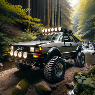 A-1985-Audi-Quattro-with-moderately-sized-off-road-tires-and-LED-light-bars-located-in-a-forest-near-a-small-stream.-The-setting-is-natural-and-seren