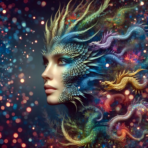 This image captures the elegance of the elusive – a woman whose skin tells tales from other realms. Her scales shimmer with light, flowing in an array of hues and shades that shift like the sky at sunset. Each scale is a time capsule, holding secrets of ancient civilizations and forgotten myths. Gazing upon her, one is confronted with the magic of eternity, captured in a moment of majestic beauty. This photograph is not merely an image, it is an invitation to journey through the boundaries of imagination, where every color tells its own story.

Created using AI tools  

toni angelchovski © 2024 aiflux