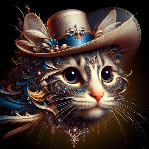 Discover the enchantment hidden within the gaze of an elegant cat adorned with a hat that sparks the imagination. This image is a triumph of colors and details, where every thread and glint tells a tale of curiosity and playfulness captured in an endlessly elegant moment. Crafted with hyper-maximalism in mind, the artwork overflows with vivid colors and complexity, thus creating an unforgettable image of our feline muse.

Created using AI tools  

toni angelchovski © 2024 aiflux