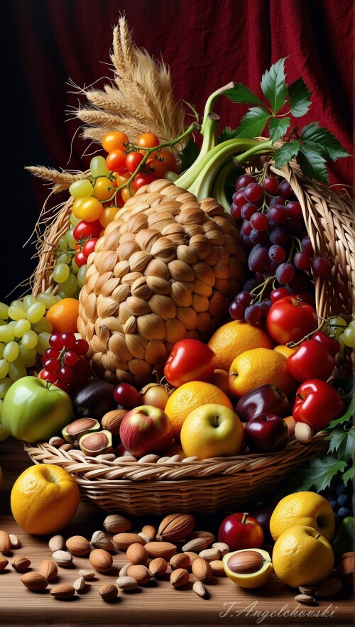 Cornucopia of Woven Straw with Fruits and Vegetables