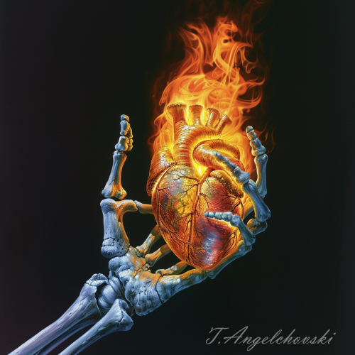 skeleton hand holding a burning anatomic heart