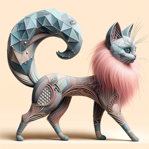 Dive into the exquisite universe of 'Geometric Grace-The Elegant Cat,' a captivating mixed media 3D pastel painting. This piece elegantly portrays a cat whose luxurious fur is adorned with complex, dream-like patterns, offering a glimpse into a surreal artistic vision. The innovative geometric styling of the cat's features introduces a contemporary twist, setting a stark yet harmonious contrast against the soft pastel background. This artwork is a celebration of creativity and elegance, seamlessly blending traditional charm with avant-garde aesthetics to enchant and engage all who view it.