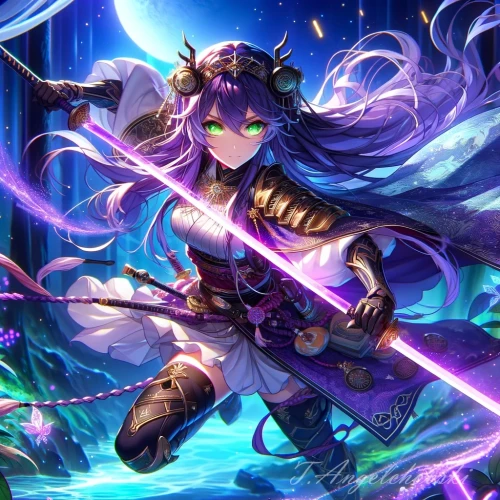 DALLE-2024-04-27-21.13.17---A-fantastical-manga-anime-style-illustration-depicting-a-scene-with-a-fierce-female-warrior-wielding-a-glowing-sword.-She-has-long-flowing-purple-hai.webp