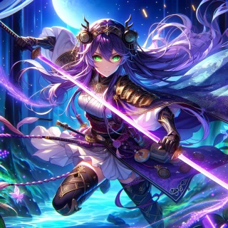 DALLE-2024-04-27-21.13.17---A-fantastical-manga-anime-style-illustration-depicting-a-scene-with-a-fierce-female-warrior-wielding-a-glowing-sword.-She-has-long-flowing-purple-hai