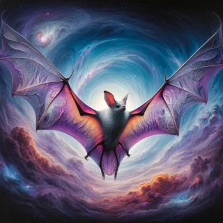 DALLE-2024-05-13-22.40.24---A-unique-and-visually-striking-painting-of-a-bat-in-an-extraordinary-setting.-The-bat-is-shown-in-mid-flight-with-its-wings-fully-spread-soaring-thro
