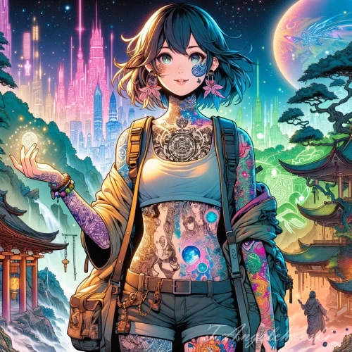 DALLE-2024-05-16-23.33.20---A-unique-anime-manga-style-illustration-featuring-a-young-woman-traveler-exploring-diverse-worlds.-She-has-extraordinary-tattoos-each-symbolizing-her.webp