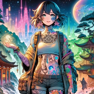 DALLE-2024-05-16-23.33.20---A-unique-anime-manga-style-illustration-featuring-a-young-woman-traveler-exploring-diverse-worlds.-She-has-extraordinary-tattoos-each-symbolizing-her