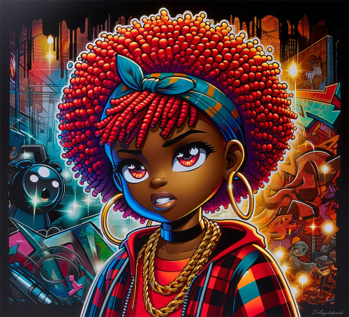 In this vibrant cartoon illustration, a young black girl with fiery red hair stands confidently, embodying hip hop style. Her attire is a mix of street fashion and hip hop aesthetics, set against a backdrop of bold, dynamic patterns and graffiti elements that reflect the energy of the urban environment. The artwork features shiny, glossy finishes and the distinctive style of comic art, capturing the essence of confidence, style, and creativity, embodying the spirit of a modern urban celebrity.