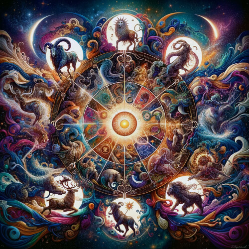 Immerse yourself in the magic of the zodiac with this incredibly visually striking painting, which combines all twelve zodiac signs in a harmonious and dynamic composition. Each figure is depicted with intricate detail and vibrant colors, creating a sense of depth and mystery. The cosmic background with swirling galaxies and stars adds a feeling of infinity and magnificence. At the center of the composition are a radiant sun and moon, symbolizing balance and harmony in the universe. This piece is a true celebration of the beauty and interconnectedness of all the zodiac signs, woven together in one captivating experience.