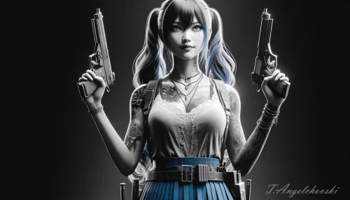 DALLE-2024-05-29-00.23.36---A-full-body-shot-of-a-beautiful-lady-with-a-badass-demeanor.-She-is-wearing-a-blue-skirt-and-holding-two-guns-with-an-intense-gaze.-She-has-long-blue.webp