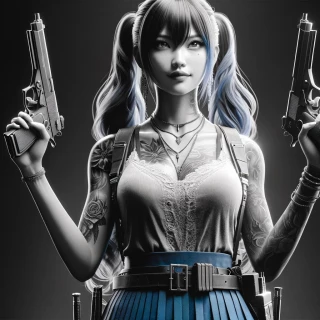 DALLE-2024-05-29-00.23.36---A-full-body-shot-of-a-beautiful-lady-with-a-badass-demeanor.-She-is-wearing-a-blue-skirt-and-holding-two-guns-with-an-intense-gaze.-She-has-long-blue