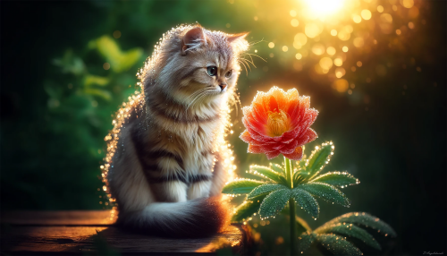 In the tranquil embrace of a dewy morning, a graceful feline sits serenely amidst nature's splendor. Her fur shimmers softly, touched by the gentle light of dawn. Beside her, a vibrant flower, adorned with delicate dew drops, captures the essence of freshness and purity. Each droplet reflects the golden rays of the sun, creating a mesmerizing display of nature's beauty. The lush greenery in the background enhances this peaceful scene, making it a perfect embodiment of serenity and natural harmony. This captivating image reminds us of the simple, yet profound beauty that surrounds us, inviting us to pause and appreciate the quiet wonders of the world.