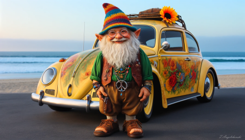 This image captures a magical moment with an elderly gnome standing in front of a classic yellow Volkswagen Beetle on a coastal road. The gnome, with his long, white beard, rosy cheeks, and joyful smile, wears a brightly colored striped cone hat adorned with a flower, round spectacles with blue lenses, a green shirt under a brown leather vest, and patched brown trousers. His feet are in open-toed sandals, he sports an array of colorful beads around his neck along with a peace sign pendant. His wrists are decorated with multiple bracelets, and he clutches a long green leaf, with a sunflower poking out of his right trouser pocket.

The Volkswagen Beetle is elaborately painted with vivid flowers and leaves, hippie symbols like peace signs. The car is embellished with a red flower, purple and green spherical ornaments hanging from the bumper, and a surfboard attached to the roof. The background depicts a coastal road with cliffs, a clear sky, and a hint of a beach in the distance.