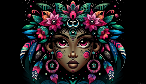 This impactful abstract illustration depicts a mystical female figure with tribal elements and a serene expression. Her medium brown skin is complemented by large, almond-shaped eyes with bright pink irises. Her nose is pierced with a small ring, and her face is adorned with white tribal markings on the cheeks and forehead. Her full lips are painted with a vibrant teal top lip and a deep purple bottom lip.

She wears an elaborate headdress made of exotic flowers and feathers in shades of orange and red, accented with blue and green. Small feathered creatures resembling earrings hang near her elongated ears, peeking out from amidst the foliage. The composition is framed by pink and purple alien-like flowers and leaves against a dark starry night sky. A large bright green Luna moth rests near her left shoulder, accompanied by two smaller differently patterned moths on the right.

Her attire is hinted at being a blue garment with teal and purple accents near the collarbone. Simple geometric body art or jewelry extends down her neck, hinting at cultural or spiritual significance. The overall vibe exudes a tribal or totem feel.