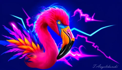 DALLE-2024-05-30-23.11.38---A-vibrant-fantastical-flamingo-bird-with-striking-pink-and-neon-purple-plumage-boasting-electric-blue-accents.-The-creature-has-an-angular-menacing.webp