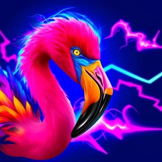 DALLE-2024-05-30-23.11.38---A-vibrant-fantastical-flamingo-bird-with-striking-pink-and-neon-purple-plumage-boasting-electric-blue-accents.-The-creature-has-an-angular-menacing