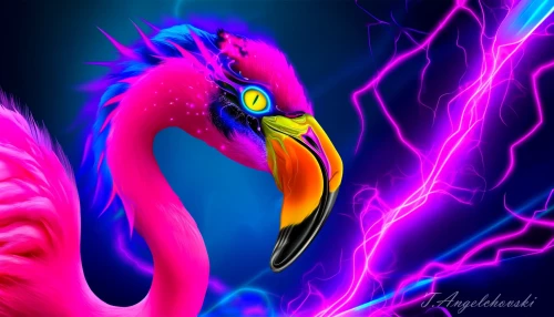 DALLE-2024-05-30-23.11.49---A-vibrant-fantastical-flamingo-bird-with-striking-pink-and-neon-purple-plumage-boasting-electric-blue-accents.-The-creature-has-an-angular-menacing.webp