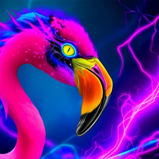 DALLE-2024-05-30-23.11.49---A-vibrant-fantastical-flamingo-bird-with-striking-pink-and-neon-purple-plumage-boasting-electric-blue-accents.-The-creature-has-an-angular-menacing