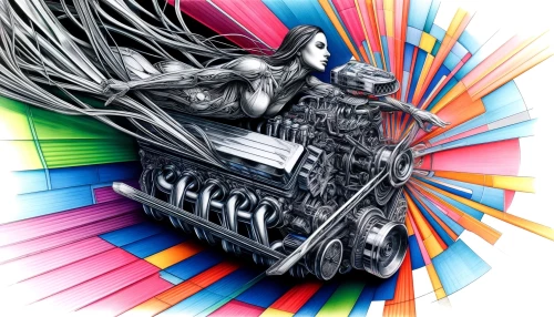 DALLE-2024-05-31-23.58.06---A-ballpoint-pen-drawing-with-multi-color-elements-depicting-a-woman-merging-with-a-chrome-engine.-The-illustration-showcases-geometry-perspective-a.webp
