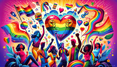 This vibrant and inspiring piece of art celebrates LGBTQ+ Pride Month with powerful symbols of empowerment. The image features diverse individuals embracing their true selves, surrounded by symbols of empowerment such as rainbow flags, raised fists, and heart symbols. The background is colorful and dynamic, with elements representing unity, strength, and acceptance. The use of a variety of bright colors evokes a sense of pride and joy. The overall atmosphere is celebratory and inspiring, highlighting the achievements and diversity of the LGBTQ+ community.