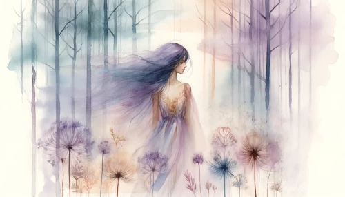 DALLE-2024-06-01-12.13.18---A-dreamy-soft-loose-watercolor-painting-depicting-a-forest-scene-with-an-ethereal-beautiful-young-maiden.-She-has-long-windswept-mauve-indigo-hair-ad.webp