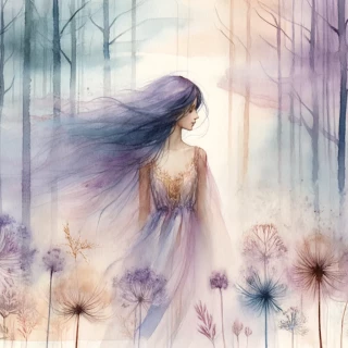 DALLE-2024-06-01-12.13.18---A-dreamy-soft-loose-watercolor-painting-depicting-a-forest-scene-with-an-ethereal-beautiful-young-maiden.-She-has-long-windswept-mauve-indigo-hair-ad