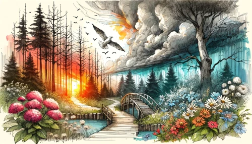 DALLE-2024-06-01-12.25.02---Urban-sketch-of-a-beautiful-forest-in-ink-and-watercolor-featuring-storm-clouds-a-full-sunset-flowers-a-curved-path-an-old-wooden-bridge-and-a-g.webp