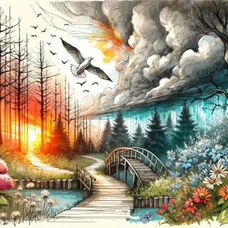 DALLE-2024-06-01-12.25.02---Urban-sketch-of-a-beautiful-forest-in-ink-and-watercolor-featuring-storm-clouds-a-full-sunset-flowers-a-curved-path-an-old-wooden-bridge-and-a-g