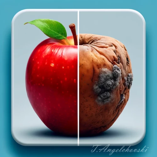 DALLE-2024-06-12-18.11.17---A-split-screen-square-photo-showing-a-fresh-apple-on-the-left-panel-and-its-rotten-counterpart-on-the-right-panel.-The-fresh-apple-is-shiny-vibrant-r.webp