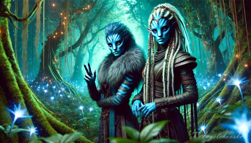 DALLE-2024-06-15-14.03.06---A-captivating-scene-in-an-alien-forest-with-two-humanoid-characters.-They-have-blue-skin-with-unique-intricate-markings-and-their-hair-is-styled-in-e.webp