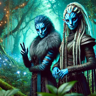 DALLE-2024-06-15-14.03.06---A-captivating-scene-in-an-alien-forest-with-two-humanoid-characters.-They-have-blue-skin-with-unique-intricate-markings-and-their-hair-is-styled-in-e