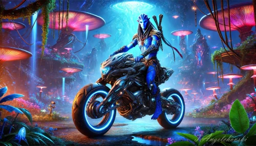 DALLE-2024-06-15-14.07.10---A-captivating-scene-in-an-alien-setting-featuring-a-humanoid-character-riding-a-brutal-futuristic-motorcycle.-The-character-has-blue-skin-with-intric.webp