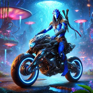 DALLE-2024-06-15-14.07.10---A-captivating-scene-in-an-alien-setting-featuring-a-humanoid-character-riding-a-brutal-futuristic-motorcycle.-The-character-has-blue-skin-with-intric