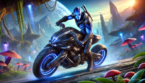 DALLE-2024-06-15-14.11.07---A-humanoid-character-riding-a-brutal-futuristic-motorcycle-in-an-alien-setting.-The-character-has-a-fierce-and-determined-expression-with-blue-skin.webp