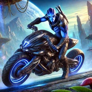 DALLE-2024-06-15-14.11.07---A-humanoid-character-riding-a-brutal-futuristic-motorcycle-in-an-alien-setting.-The-character-has-a-fierce-and-determined-expression-with-blue-skin