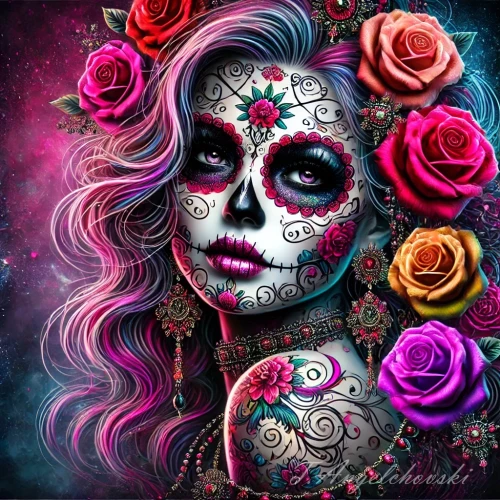 This impressive digital portrait features a woman with intricate face paint and tattoos inspired by the Day of the Dead theme. With vibrant roses in her hair and ornate jewelry, the image exudes elegance and mystery against a dark, dramatic background. This artwork is a true blend of colors and details, making it unique and memorable.