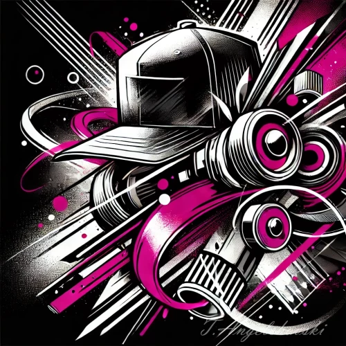 DALLE-2024-06-19-23.42.11---A-black-and-white-illustration-with-magenta-accents-influenced-by-street-art-and-featuring-dynamic-effects.-The-artwork-includes-bold-abstract-eleme.webp