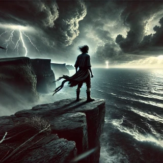 DALLE-2024-06-23-18.32.43---A-captivating-and-emotionally-provocative-image-depicting-a-lone-figure-standing-at-the-edge-of-a-cliff-overlooking-a-vast-stormy-ocean.-The-sky-is