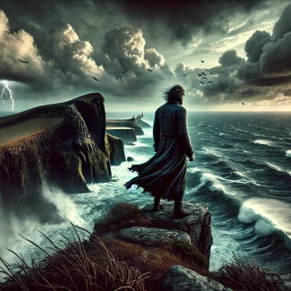 DALLE-2024-06-23-18.32.55---A-captivating-and-emotionally-provocative-image-depicting-a-lone-figure-standing-at-the-edge-of-a-cliff-overlooking-a-vast-stormy-ocean.-The-sky-is