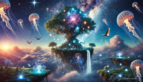 DALLE-2024-06-23-18.37.59---An-imaginative-and-unique-image-of-a-surreal-dreamscape.-The-scene-features-a-floating-island-in-the-sky-with-a-massive-ancient-tree-at-its-center..webp