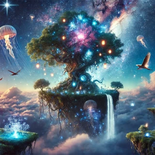 DALLE-2024-06-23-18.37.59---An-imaginative-and-unique-image-of-a-surreal-dreamscape.-The-scene-features-a-floating-island-in-the-sky-with-a-massive-ancient-tree-at-its-center.