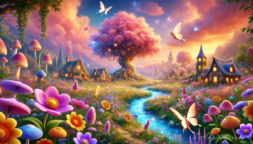 DALLE-2024-06-23-22.53.52---A-beautiful-and-enchanting-animated-scene-featuring-a-whimsical-fantasy-world.-In-the-foreground-a-vibrant-meadow-filled-with-colorful-oversized-flo.webp