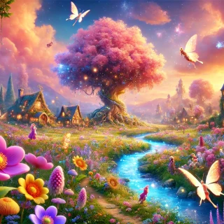 DALLE-2024-06-23-22.53.52---A-beautiful-and-enchanting-animated-scene-featuring-a-whimsical-fantasy-world.-In-the-foreground-a-vibrant-meadow-filled-with-colorful-oversized-flo