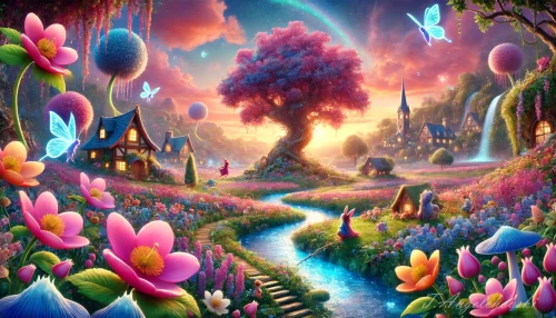 DALLE-2024-06-23-22.54.01---A-beautiful-and-enchanting-animated-scene-featuring-a-whimsical-fantasy-world.-In-the-foreground-a-vibrant-meadow-filled-with-colorful-oversized-flo.webp