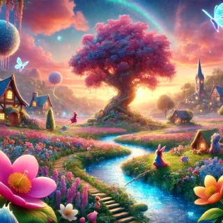 DALLE-2024-06-23-22.54.01---A-beautiful-and-enchanting-animated-scene-featuring-a-whimsical-fantasy-world.-In-the-foreground-a-vibrant-meadow-filled-with-colorful-oversized-flo