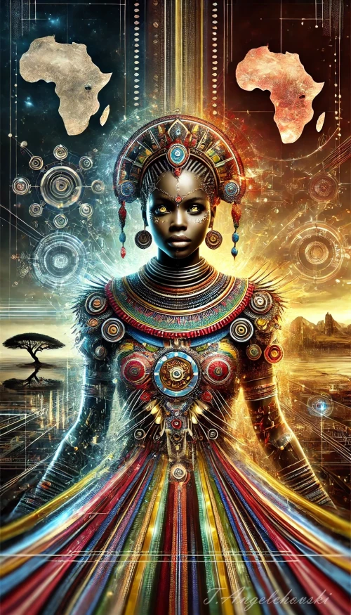 DALLE-2024-06-23-23.05.50---A-striking-and-inventive-piece-of-art-featuring-a-powerful-African-queen.-She-stands-tall-with-regal-grace-wearing-a-traditional-yet-futuristic-outfi.webp