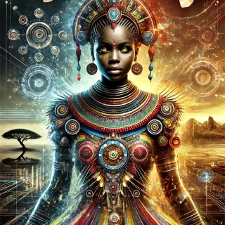 DALLE-2024-06-23-23.05.50---A-striking-and-inventive-piece-of-art-featuring-a-powerful-African-queen.-She-stands-tall-with-regal-grace-wearing-a-traditional-yet-futuristic-outfi