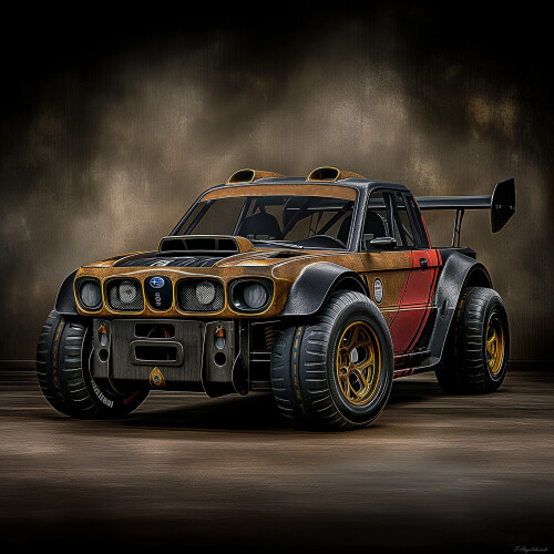 This image features a modified Subaru, designed for heavy off-road adventures. The car has an aggressive and powerful look, with robust tires and special modifications for challenging terrains. The color scheme is striking, with shades of black and orange, and the aerodynamic spoiler adds an extra element of style and functionality. Everything about this vehicle screams for adventure and challenges.